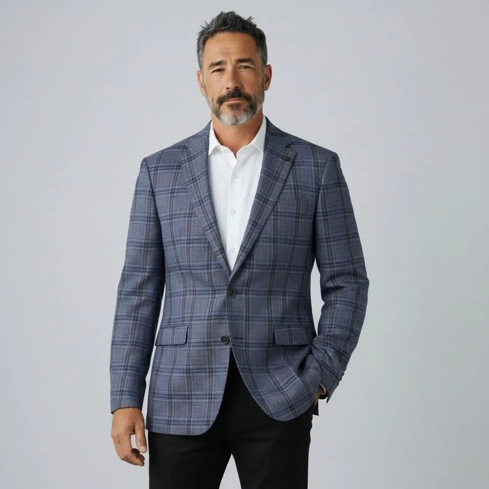 JOHNSTON MURPHY Mens Dress Plaid Blazer Blue/Brown XXL - 50R New MSRP 300$
